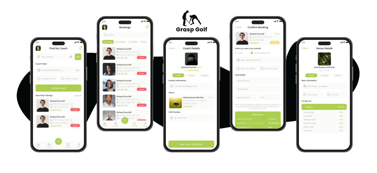 Grasp Golf mobile app interface - Codexia Technologies