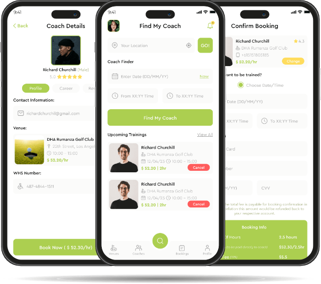 Grasp Golf mobile app interface - Codexia Technologies
